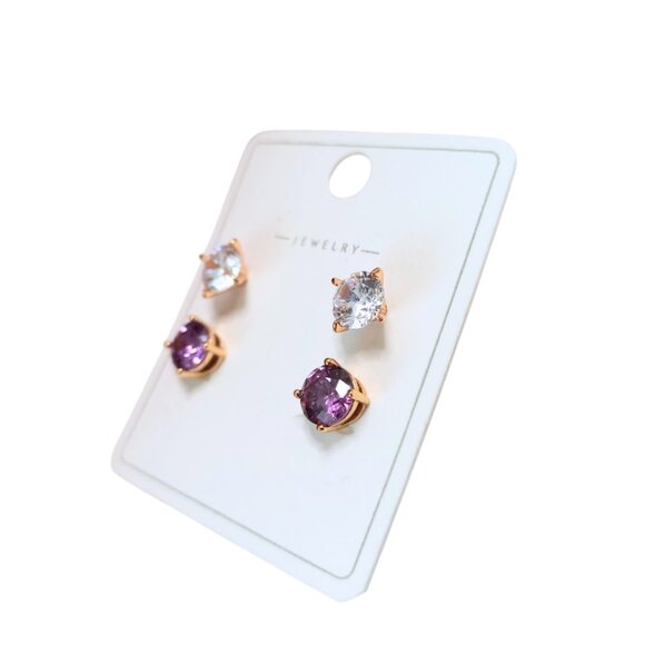 🟣✨Set of 2 Pairs of Earrings – Rose Gold Plated with Amethyst & Clear Crystals - Picture 6 of 6